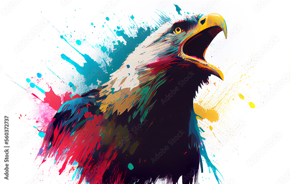 Poster angry shouting eagle close-up on white background. watercolour brush strokes artistic technique. dig
