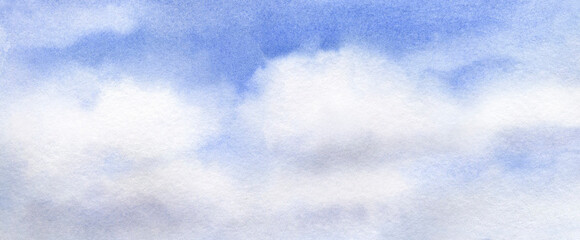 Blue sky with clouds hand drawn in watercolor. Watercolor illustration. 
