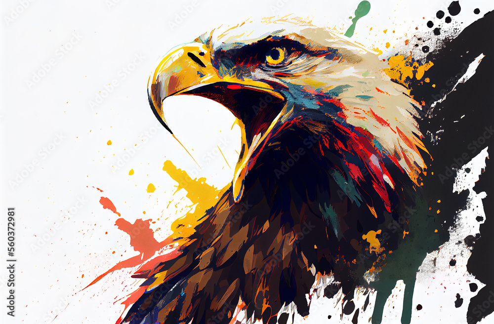 Poster angry shouting eagle close-up on white background. watercolour brush strokes artistic technique. dig