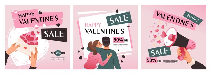 Valentine's day sale. Discount coupon, gift voucher. Vector template for flyers, web banners and social network posts.