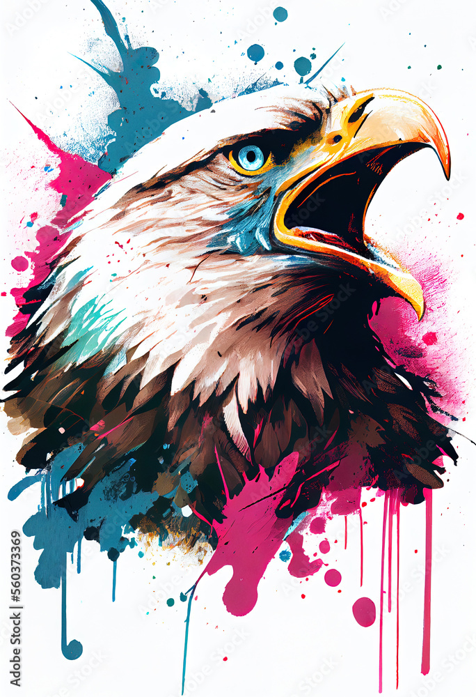 Aufkleber angry shouting eagle close-up on white background. watercolour brush strokes artistic technique. dig