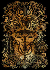 Mystic styled illustration with occult, esoteric and gothic symbols, snake and pentagram against black background, Halloween concept