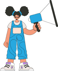 A girl with a megaphone, symbolizing the search for people in the labor market. Human resource and recruitment.