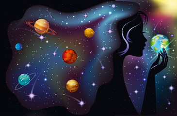 Galaxy young woman and planets, vector illustration © CaroDi