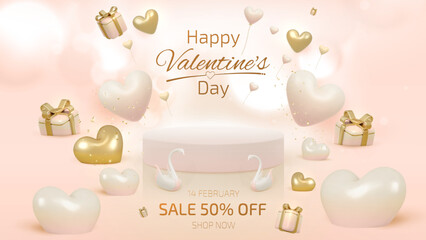 Product display stand with 3d Valentines day ornament. Elegant style discount template background design.