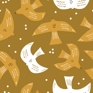 Fototapeta Seamless pattern with scandinavian style white birds on mustard. Creative monochrome bird texture. Great for fabric, textile Vector Illustration