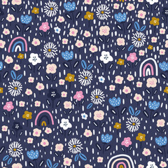 Seamless hight detailed botanical pattern with rainbows, flowers. Floral texture for fabric, textile, digital papers. Vector illustration - 560375301