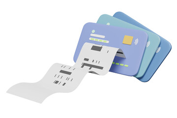 3d credit card stack with invoice, paper receipt, electronic bill payment isolated. 3d render illustration