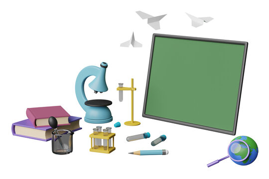 3d green blackboard with globe, paper plane, magnifying, microscope, beaker, test tube isolated. room online innovative education, e-learning concept,  3d render illustration