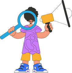 A guy with a megaphone, symbolizing the search for people in the labor market. Personnel search.