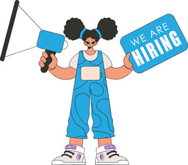 The girl is holding a megaphone in her hands. Personnel search.