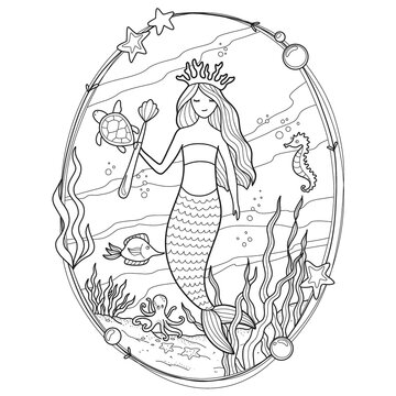 Mermaid coloring page. Underwater world coloring book. Fish contour. Children's illustration. Animals cartoon. Princess doodle. Children's coloring book