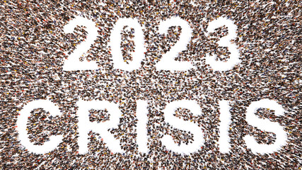 Concept or conceptual large community of people forming 2023 year. 3d illustration metaphor for celebration, festive, party, hope, future, prosperity, health and luck, business and teamwork