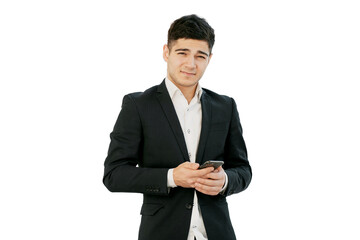 A young businessman in a casual suit uses a telphone, a transparent background.