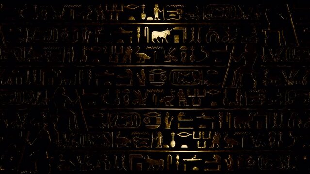 Egyptian Ancient History 3d Vj loop Wallpaintings 4k Egypt old Hieroglyphs Glowing Symbols Abstract Background Texture Golden Egyptian Era
