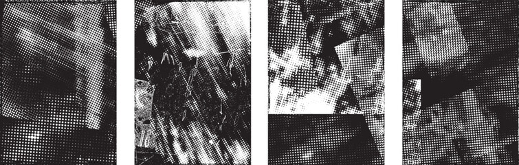 Glitch distorted grungy isolated layers . Design element for brochure, social media, posters, flyers. Overlay texture.Textured banner with Distress effect .Vector halftone dots . Screen print texture