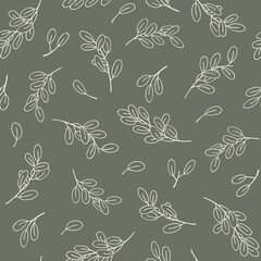 Floral seamless pattern with olive branches and leaves on green background. Can be used for textile, book covers, wallpapers, gift wrap. Isolated vector illustration.