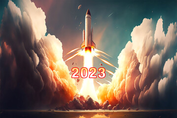 Kick-off to the year 2023 like a rocket launch for new goals - comic style ai generated background generative ai - obrazy, fototapety, plakaty