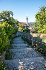 way downstairs from calvary hill Bad Tolz. with view to the church. tourist resort upper bavaria
