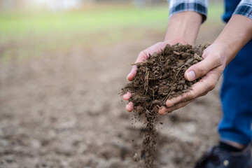 Soil in the hands of farmers. Concept of agriculture. - obrazy, fototapety, plakaty
