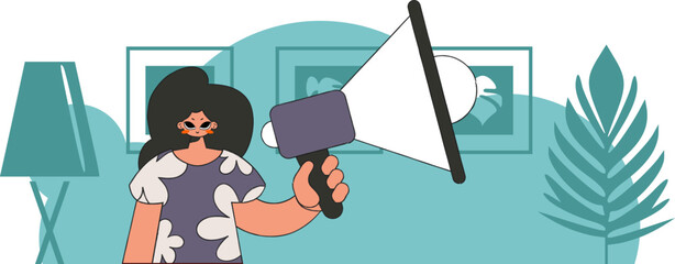 Concept Attraction and search of personnel. A woman is holding a megaphone.
