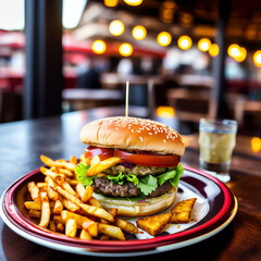 Vegan cheeseburger and french fries on a wooden table in a restaurant served with a drink - Generative AI