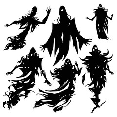 set of silhouettes of Halloween Ghosts and monsters with torn clothes