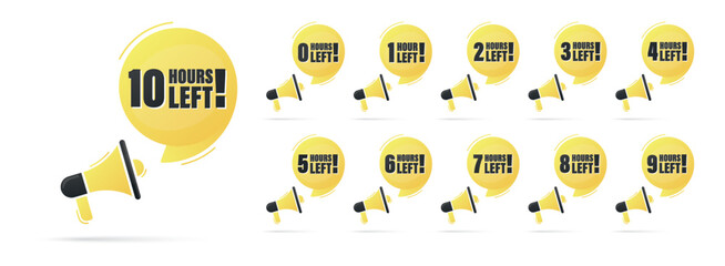 Countdown 0, 1, 2, 3, 4, 5, 6, 7, 8, 9, 10 hours left label or emblem set. Hours left counter icon with hour glass promotion, promo offer. Flat badge with number of count down time.