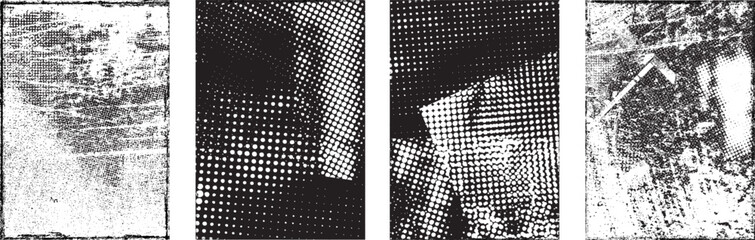 Glitch distorted grungy isolated layers . Design element for brochure, social media, posters, flyers. Overlay texture.Textured banner with Distress effect .Vector halftone dots . Screen print texture