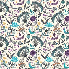Fototapeten Floral pattern, Watercolor pattern, Beautiful vintage drawings of plants, flowers,willow branch, berry for your design.For cloth,paper, scarf. © An Chubenko