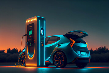 EV car with Electric charging station charger and blue glowing light stripe. Technology and transportation concept. Generative AI - obrazy, fototapety, plakaty