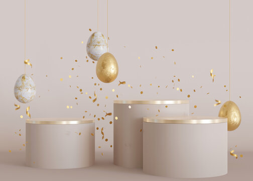 Three podiums with golden Easter eggs and copy space. Modern stage for product, cosmetic presentation. Easter mock up. Pedestal, platform for beauty products. Empty scene. Display, showcase. 3D render