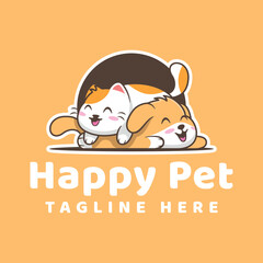 Happy pet care logo. Cat and dog playing together. Pet cartoon logo. Sticker.