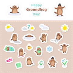 Big sticker pack with cute cartoon groundhog. Printable vector illustration