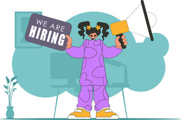 Topic Engagement of employees. A woman is holding a megaphone in her hands.