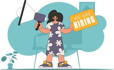 Topic Engagement of employees. The girl is holding a megaphone.