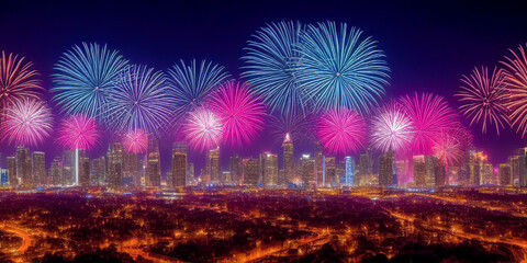 fireworks over Night city. Metropolitan city at night. Panoramic view on fireworks with urban cityscape skyline night scene. image created with generative AI