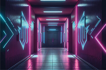 Sci-Fi Style Club Corridor Empty Neon Lighting Futuristic Purple Blue Lights Print Ready