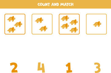 Counting game for kids. Count all triceraptors and match with numbers. Worksheet for children.