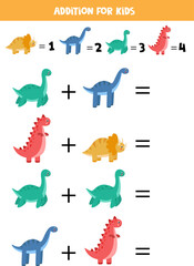 Addition game with different dinosaurs. Educational math game for preschool kids.