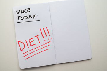 Diary page with black text "today, diet". Beginning of the diet. Healthy eating and nutrition.
