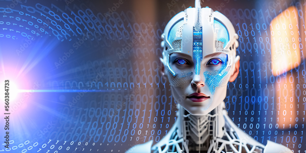 Poster artificial intelligence. ai head with neural network brain. wise female face in cyberspace. machine 