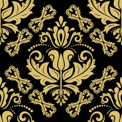 Classic seamless vector pattern. Damask black and golden orient ornament. Classic vintage background. Orient pattern for fabric, wallpapers and packaging