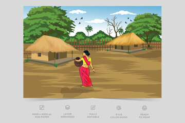 Indian Village Background Illustration. Rural mountain landscape and village vector illustration. A beautiful village with farmlands, trees, meadows and with mountains in the background.