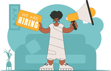 Subject Sphere of human resources. A woman is holding a megaphone in her hands.