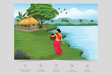 Indian Village Background Illustration. Rural mountain landscape and village vector illustration. A beautiful village with farmlands, trees, meadows and with mountains in the background.
