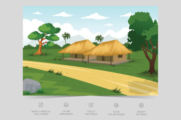 Indian Village Background Illustration. Rural mountain landscape and village vector illustration. A beautiful village with farmlands, trees, meadows and with mountains in the background.