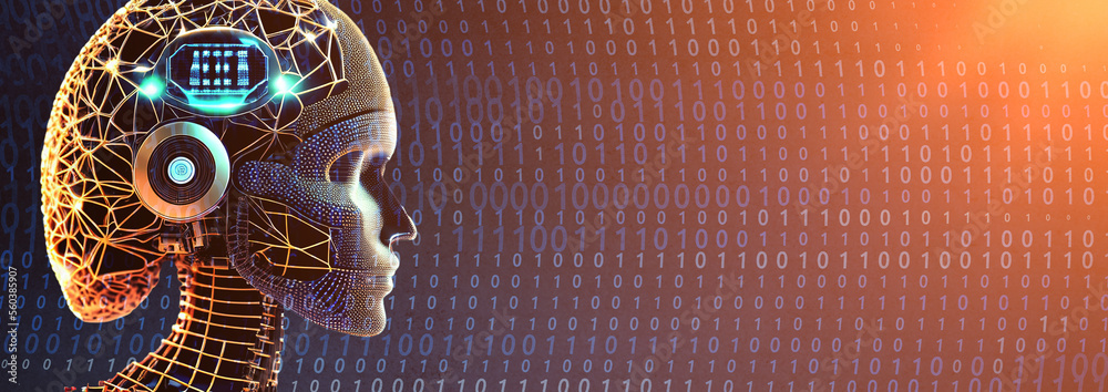 Poster artificial intelligence. ai head with neural network brain. wise female face in cyberspace. machine 