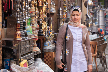 Khan El Khalili market in Islamic Cairo. a tourist with a market in khan El khalilii street in Islamic Cairo