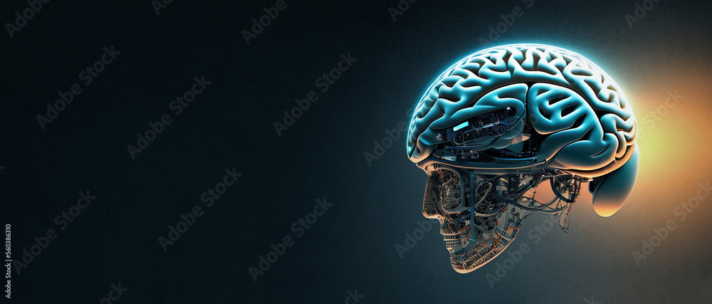 Poster artificial intelligence in humanoid head with neural network thinks. ai with digital brain is learni